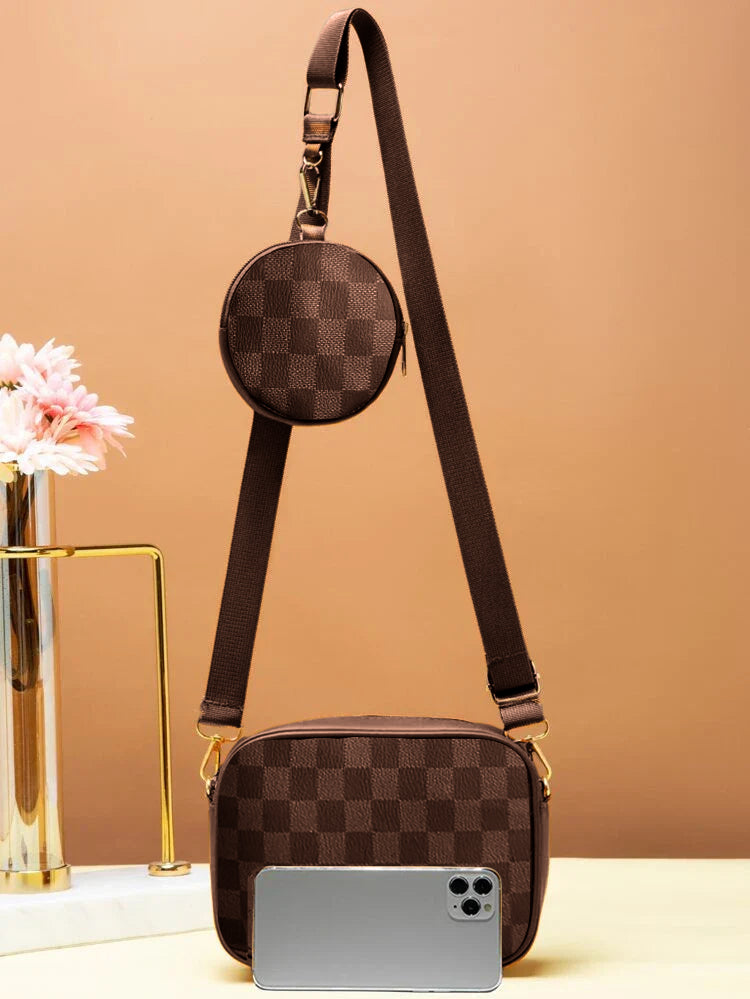 Crossbody Checkered Coin - Brown