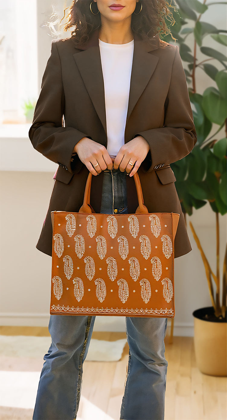 Embroidery Tote Bag Daily Carry - Mustard